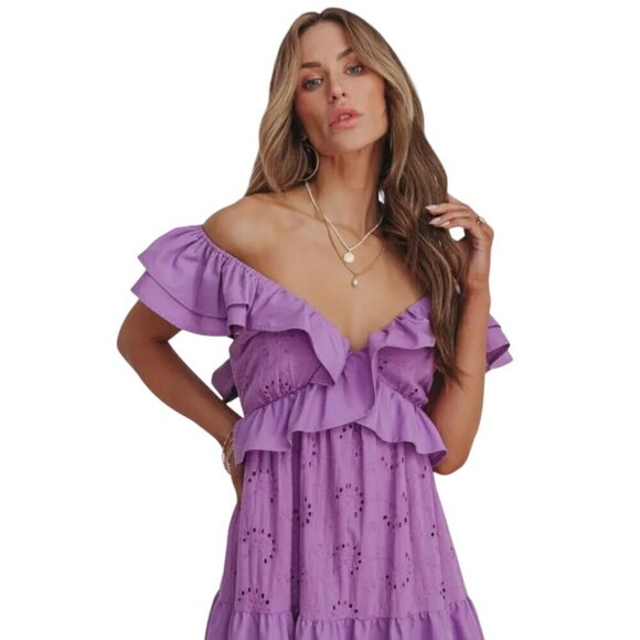 VICI Eyelet Tiered Ruffle Sleeve Women's Purple Maxi Dress Small - Picture 6 of 15
